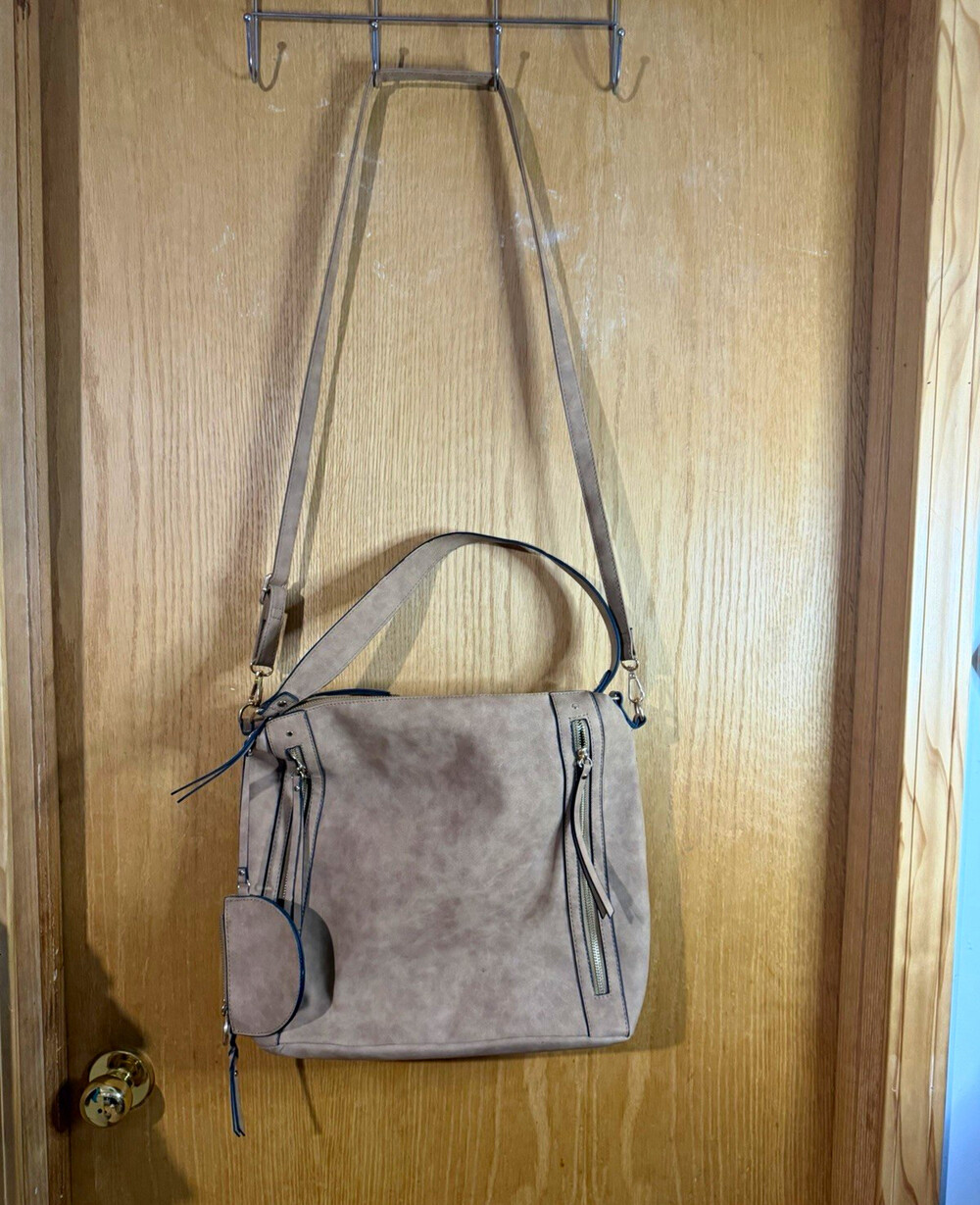 Women’s Beige Suede Crossbody Bag Fringe Tassels Zip + Coin Purse